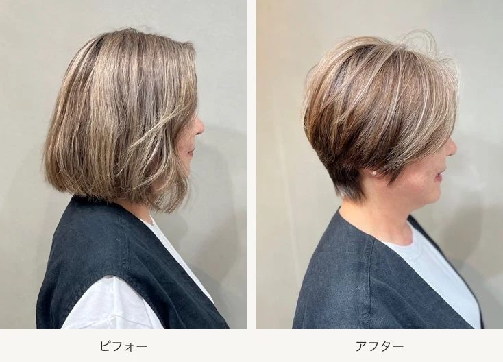 後頭部の丸みと襟足のシルエットを横から比較したビフォーアフター。左が施術前のボブ、右が施術後のショート。