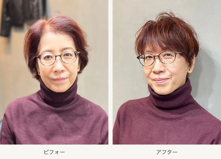 分け目と前髪の変化を比較するビフォーアフター。左が施術前、右が前髪を下ろして仕上げた施術後のショートヘア。