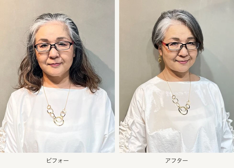 広がりやすい髪のビフォーアフター。左が施術前の肩までの髪、右が施術後のすっきりしたショートヘア。